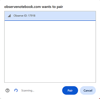 Bluetooth pairing dialog highlighting the Observe ID and Pair button.