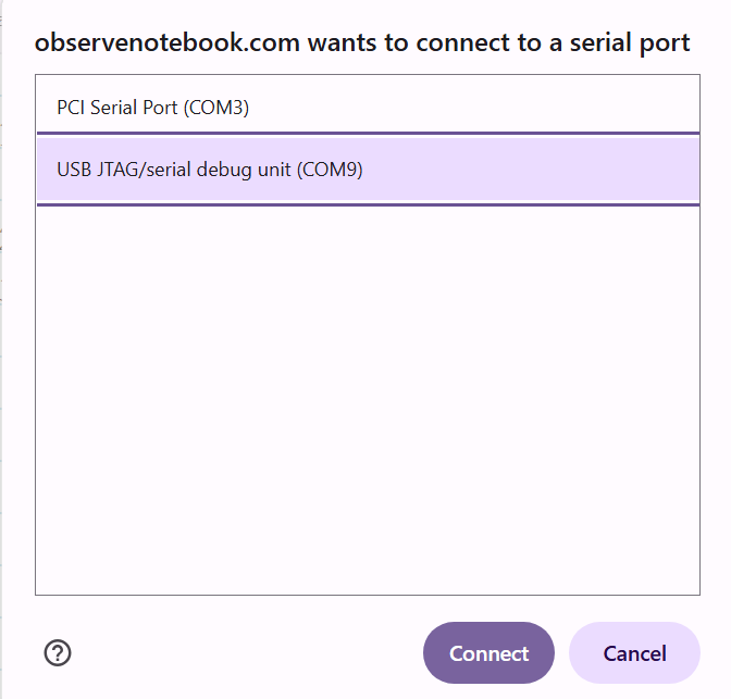 Port picker showing USB-JTAG selected